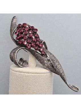 Floral Bouquet Brooch Purple Crystal Dark Silver Textured Pin Large 3.75"